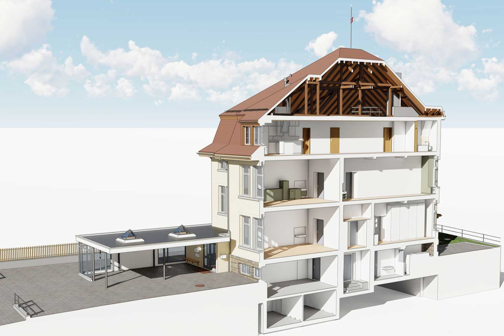 Schnitt durch 3D-Modell von Schulhaus in Rüthi, HMQ AG