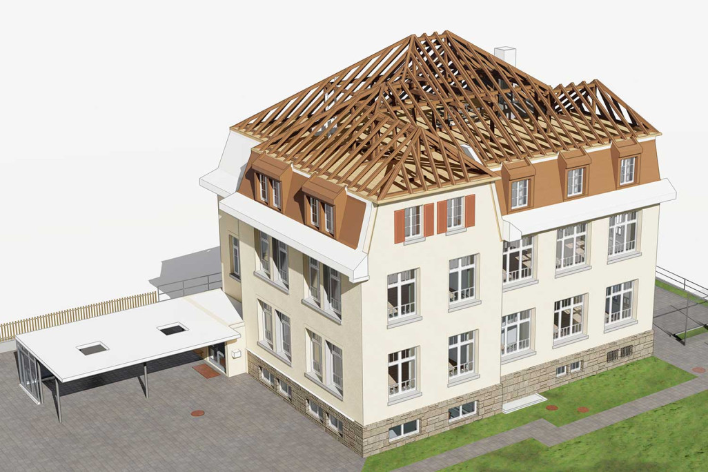 Dachkonstruktion von 3D-Modell von Schulhaus in Rüthi, HMQ AG