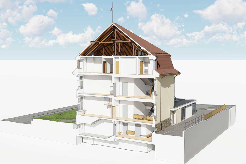 Gebäudevermessungmit 3D-Laserscanning von Schulhaus in Rüthi, HMQ AG