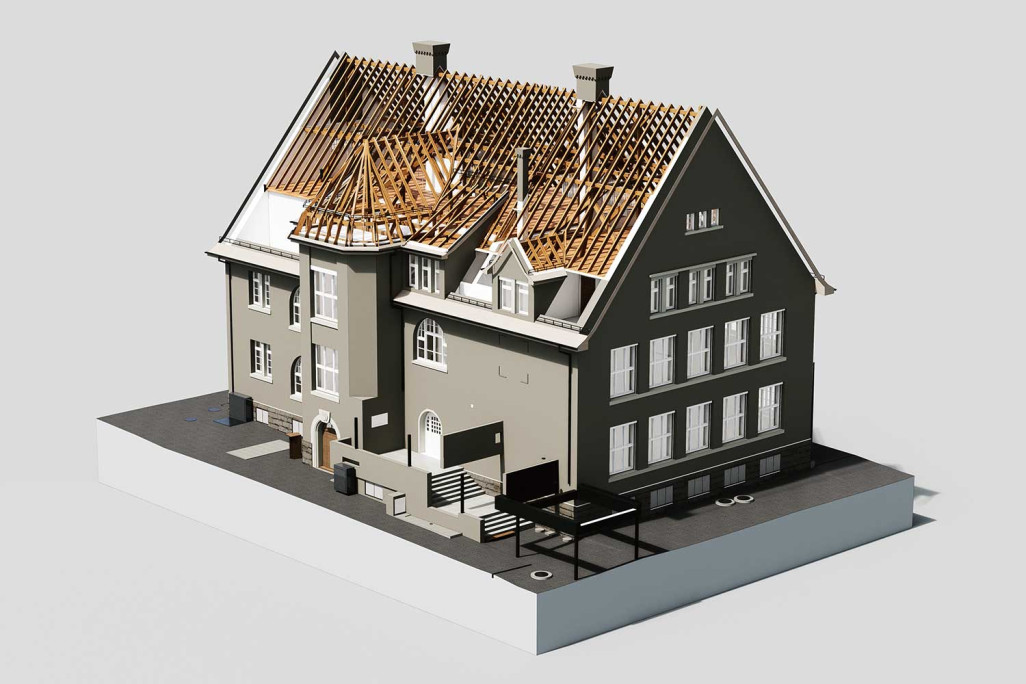 Dachkonstruktion von 3D-Modell vom alten Schulhaus in Meilen, HMQ AG