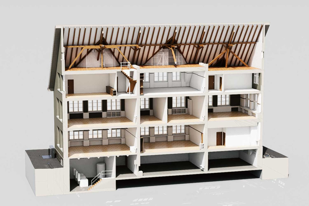 3D-Schnitt aus 3D-Modell vom alten Schulhaus in Meilen, HMQ AG