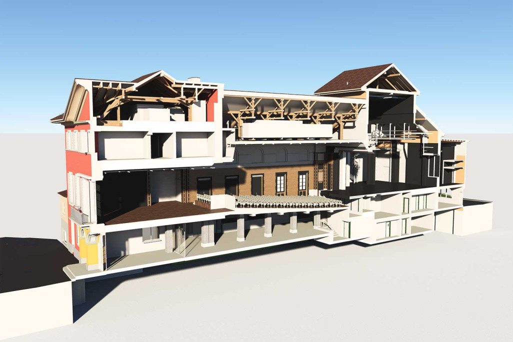 Längsschnitt durch 3D-Modell vom Tellspielhaus in Altdorf im Kanton Uri, HMQ AG