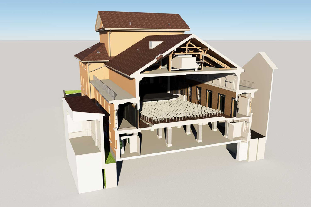 Querschnitt durch 3D-Modell vom Tellspielhaus in Altdorf im Kanton Uri, HMQ AG