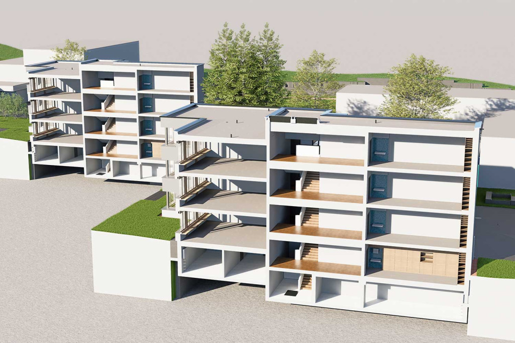 Dietikon ZH, Schulanlage Luberzen, 3D-Längsschnitt aus Gebäudeaufnahme, HMQ AG