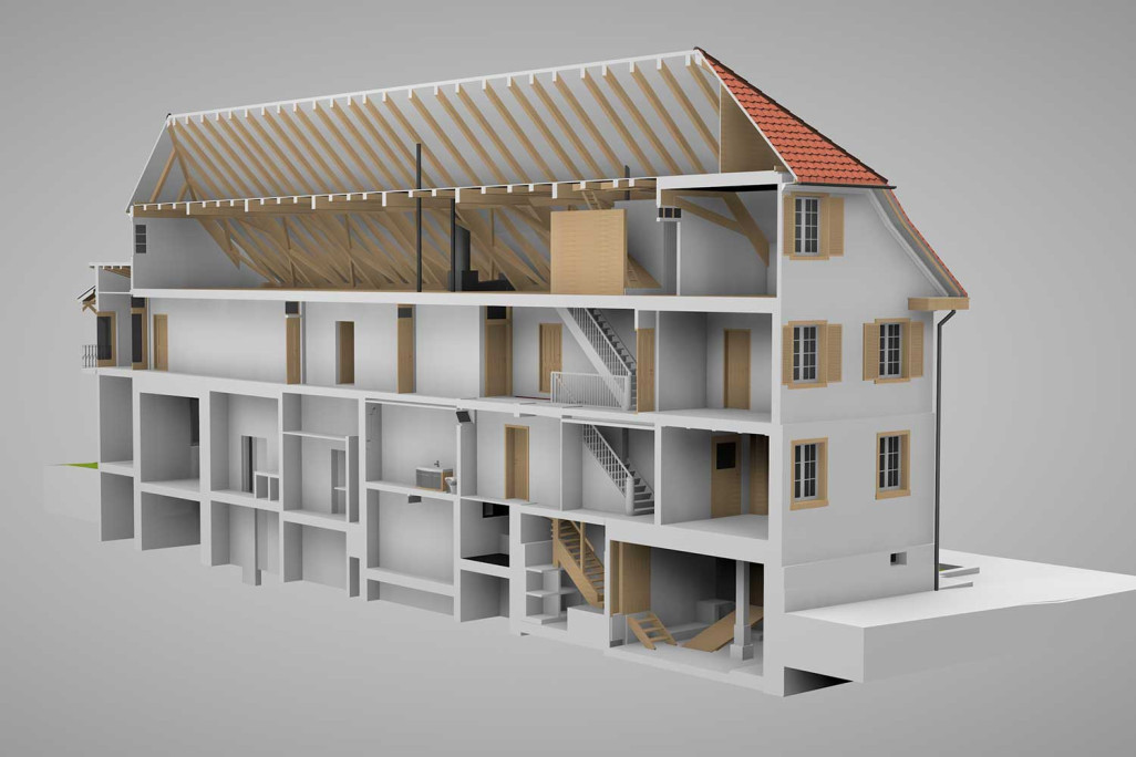 Wagenhausen, 3D-Modell mit Gebäudeschnitt, HMQ AG
