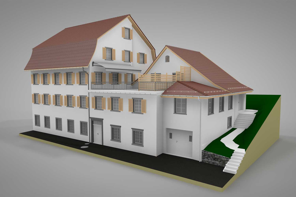 3D-CAD-Modell, Wohn- und Geschäftsgebäude, HMQ AG