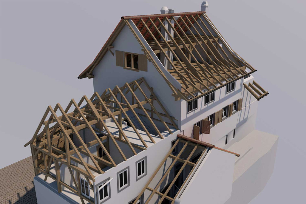3D-CAD-Modell, Bauernhaus mit Dachkonstruktion, HMQ AG