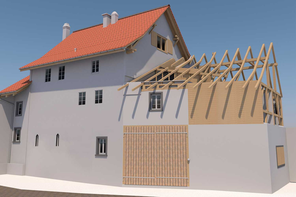 3D-CAD-Modell, Bauernhaus mit Scheunenteil, HMQ AG