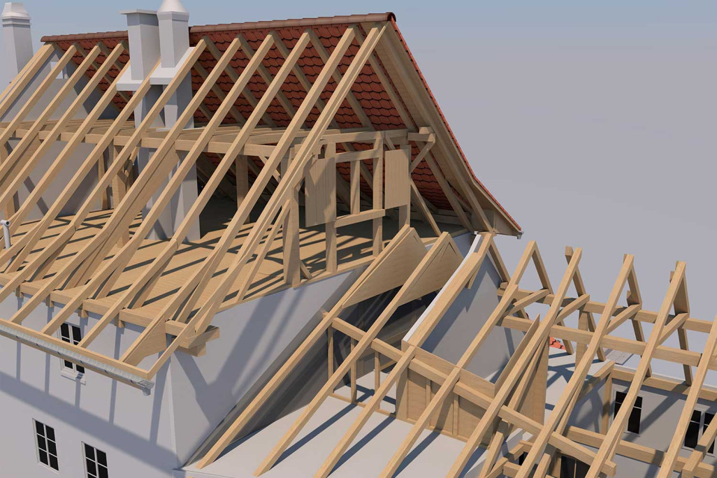 3D-CAD-Modell, Bauernhaus mit Dachkonstruktion, HMQ AG