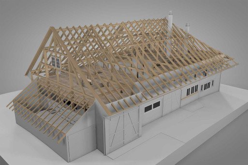 Bauernhaus mit Scheune, 3D-Dachkonstruktion im 3D-Modell, HMQ AG