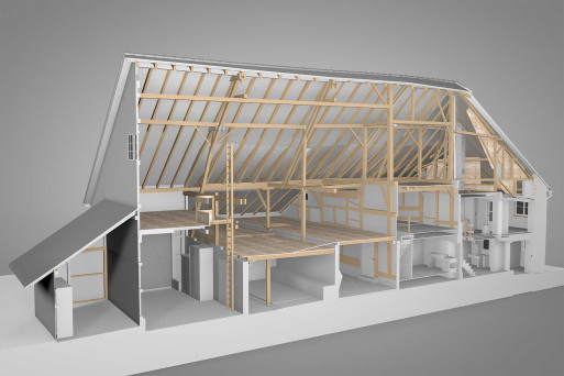 Bauernhaus mit Scheune, 3D-Gebäudeschnitt aus 3D-Modell, HMQ AG