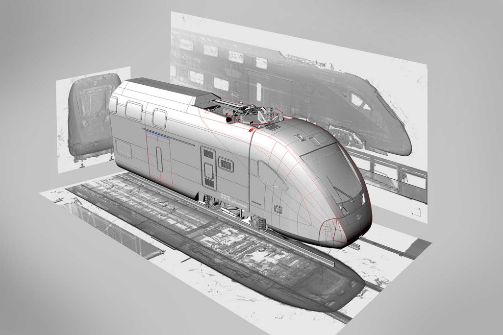 Zugfront Bombardier, 3D-CAD-Modell aus Laserscan, HMQ AG