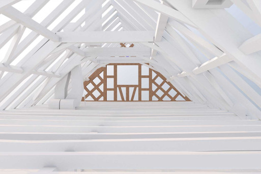 3D-Dachkonstruktion von einem Riegelbau, HMQ AG