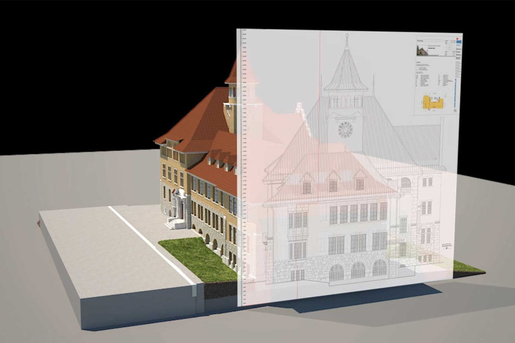 Brugg AG, Schulhaus Stapfer, 2D-Fassadenplan aus 3D-Modell