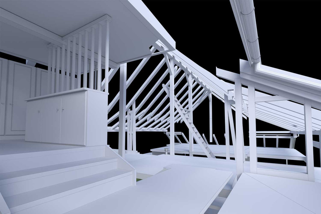 Dachstock, 3D-Modell aus Gebäudeaufnahme, HMQ AG