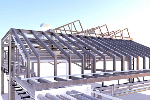 3D-Tragkonstruktion, Industriegebäude mit Sheddach, HMQ AG