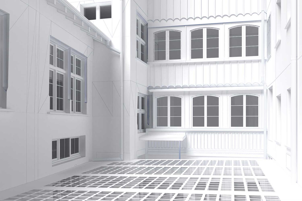 3D-CAD-Modell, Fassaden im Hof, Basel, HMQ  AG