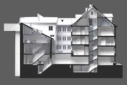 3D-CAD-Schnitt, Geschäftshaus Gebäudeaufnahme in Basel, HMQ AG