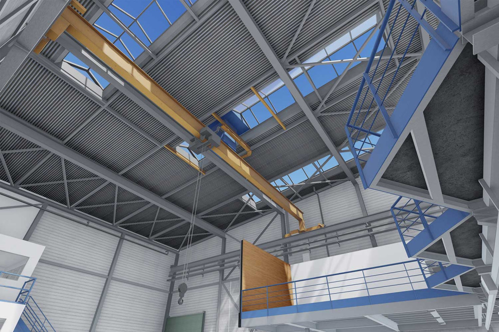 Industriewerkstatt, 3D-Modell mit Stahlkonstruktion, HMQ AG
